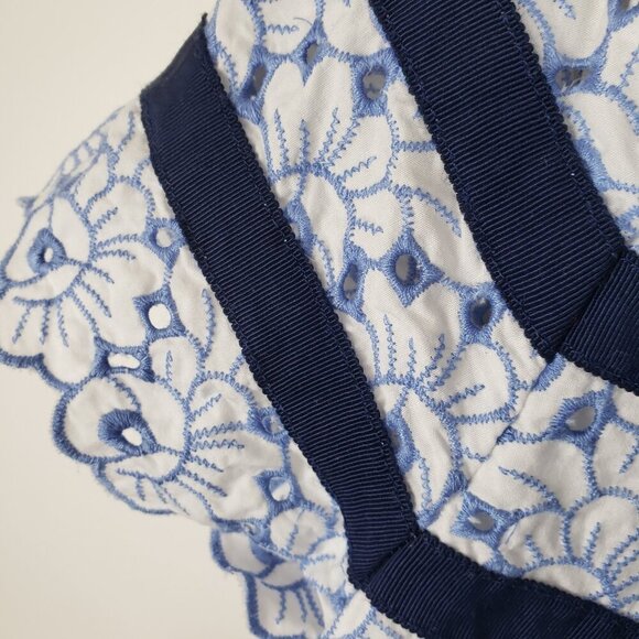 Talbots Applique Embroidered Eyelet Stripe Blue Floral Short Sleeve Top Size 14P - Picture 5 of 7